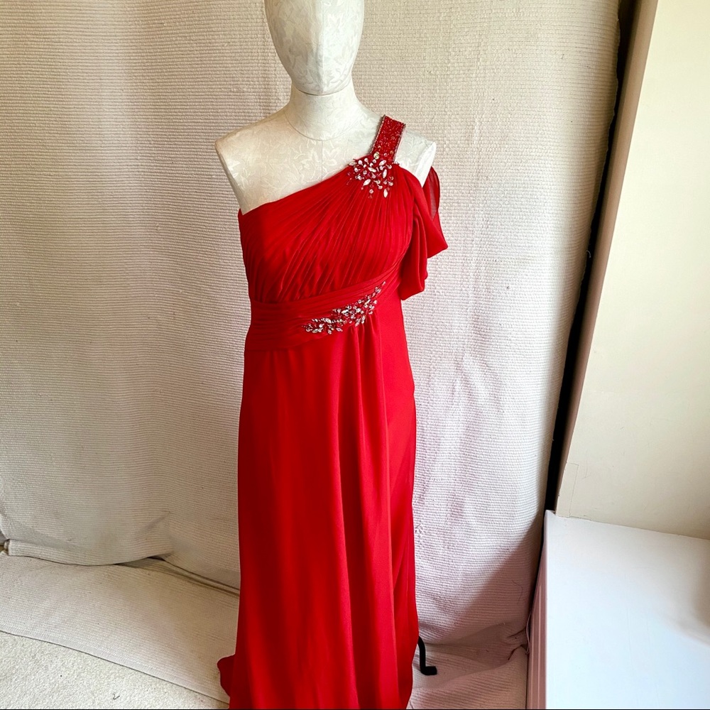 M Chiffon One Shoulder Long Formal Prom Dress Red - Picture 7 of 8